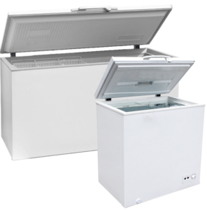 Two white chest freezers with their lids open