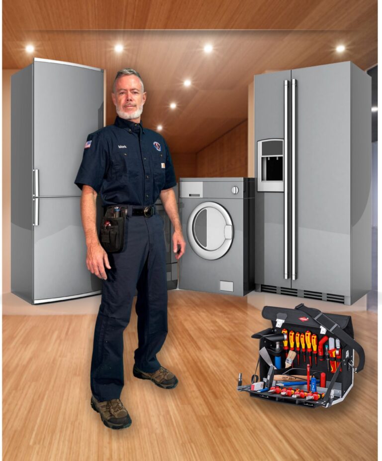 Mark Oliver with refrigerators, a laundry appliance and a tool bag in a company service illustration