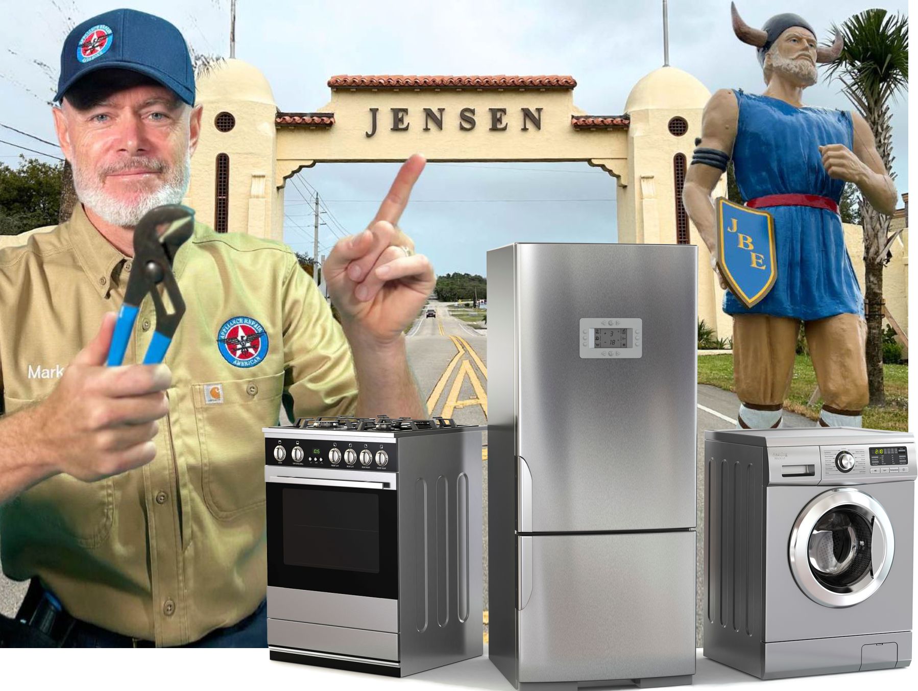 Service graphic featuring Mark Oliver, the Jensen arch, a Viking statue and household appliances