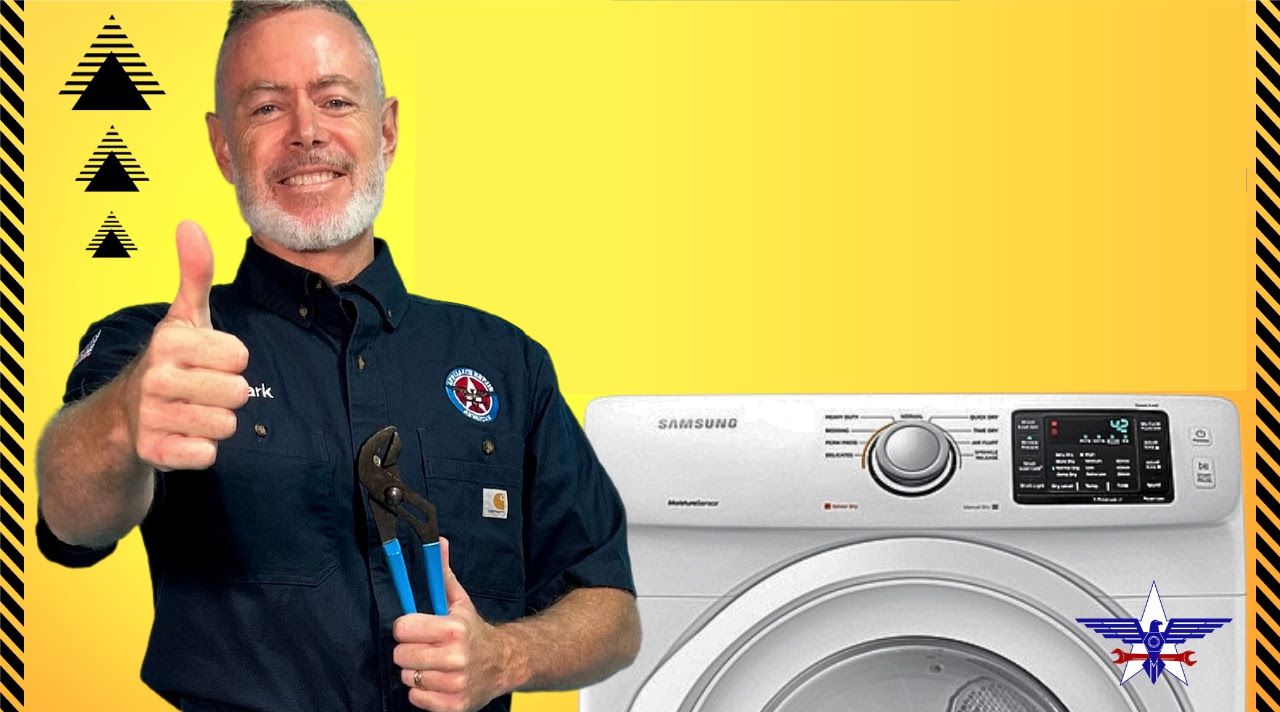 Service graphic showing Mark Oliver holding pliers beside a Samsung laundry appliance