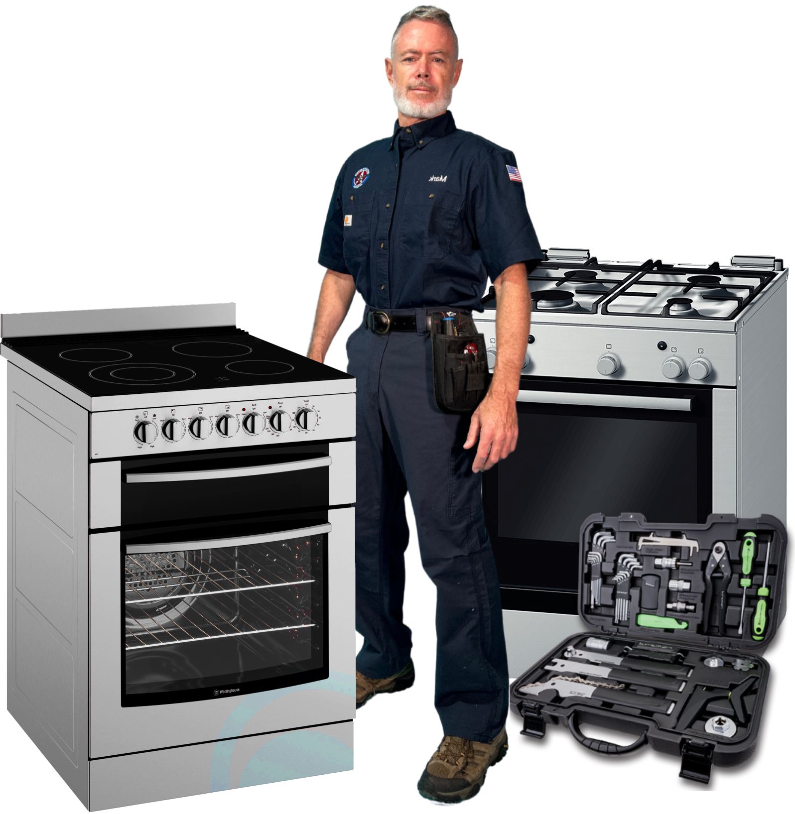 Mark Oliver pictured beside gas and electric ranges with a tool case in a service graphic