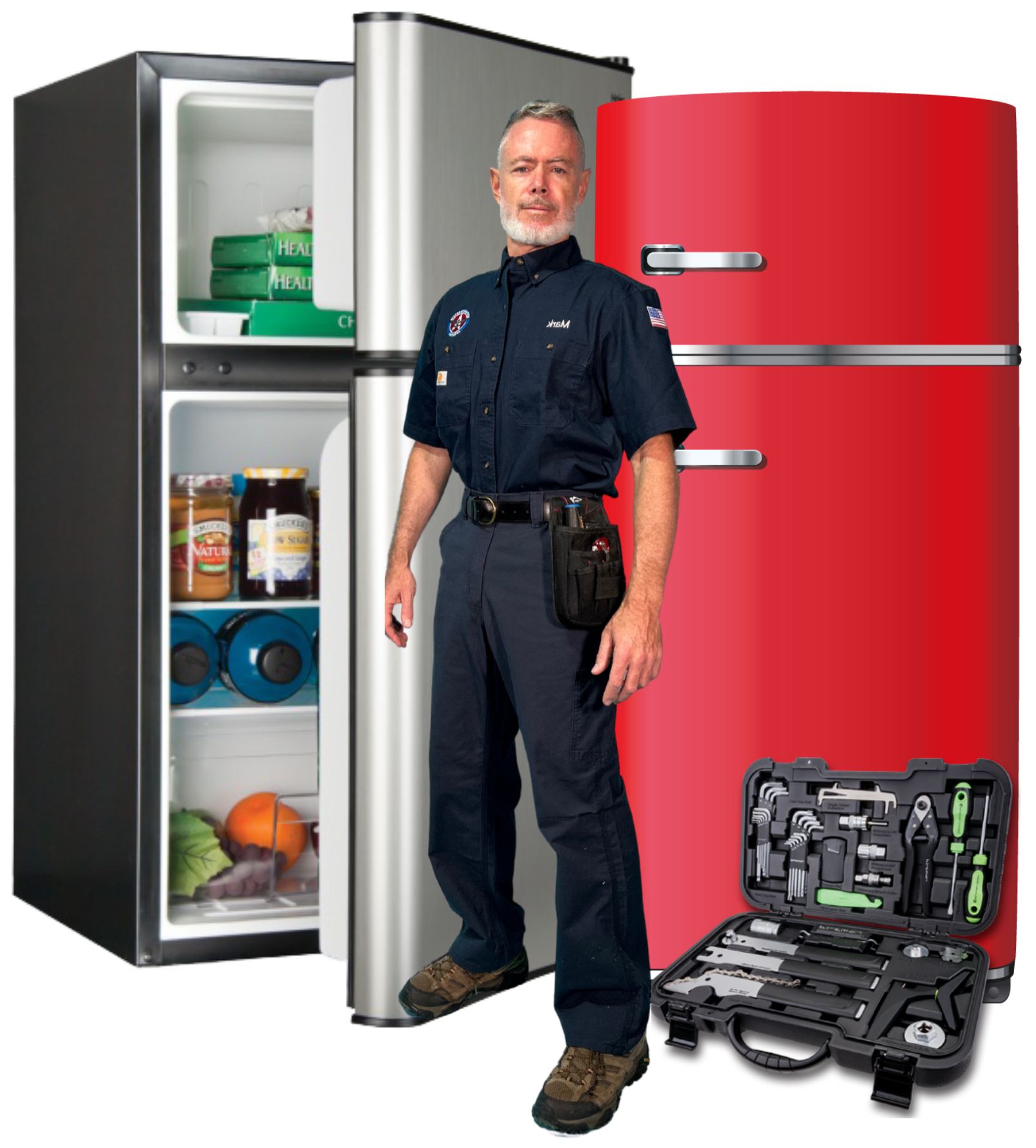 Mark Oliver pictured with two refrigerators and an open tool case in a service graphic