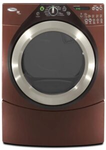 Brown front-loading dryer with a round door and front control panel