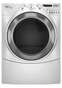 Silver front-loading dryer with a round door and front controls