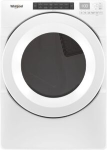 White Whirlpool front-load dryer with a round glass door and controls across the upper front