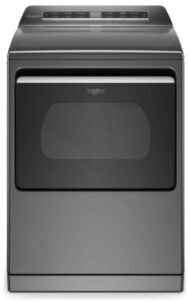 Gray Whirlpool dryer with a glass-front door and raised rear controls