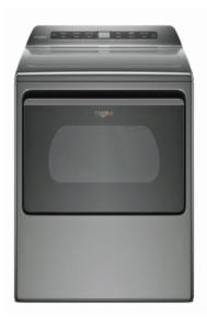 Gray Whirlpool dryer with raised rear controls and a glass-front door