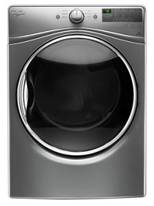 Gray Whirlpool dryer with a round glass door and front control panel