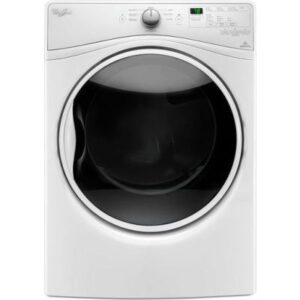 White Whirlpool dryer viewed from the front with a large round dark door