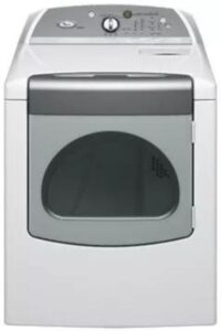 White Whirlpool dryer with a dark rectangular window in the front door and a raised rear control panel