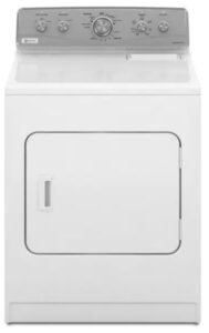 White dryer with a solid door and timer controls across the rear panel