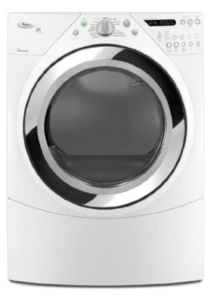 White front-loading dryer with a chrome-trimmed round door